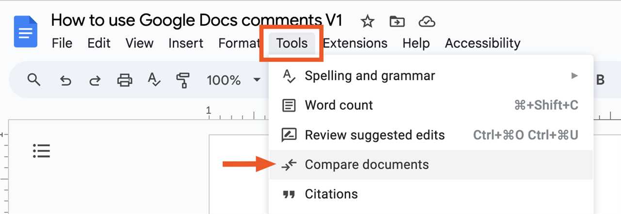 Locating the Compare Documents Option in the Word Menu